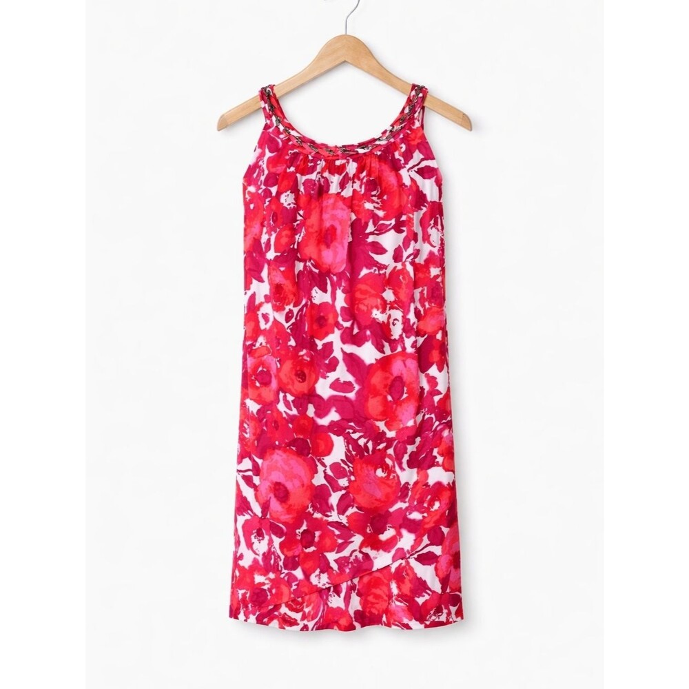 Donna Ricco Pink Red Floral Print Beaded Trim Twist Neck Sleeveless Shift Dress